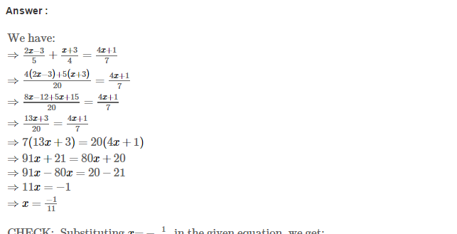 Linear Equations in One Variable CBSE RS Aggarwal Class VII Solutions